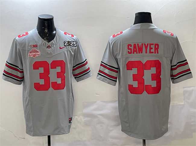 Men%27s Ohio State Buckeyes #33 Jack Sawyer Grey 2025 CFP Final With National Champions Patch F.U.S.E. Vapor Limited Stitched Jersey